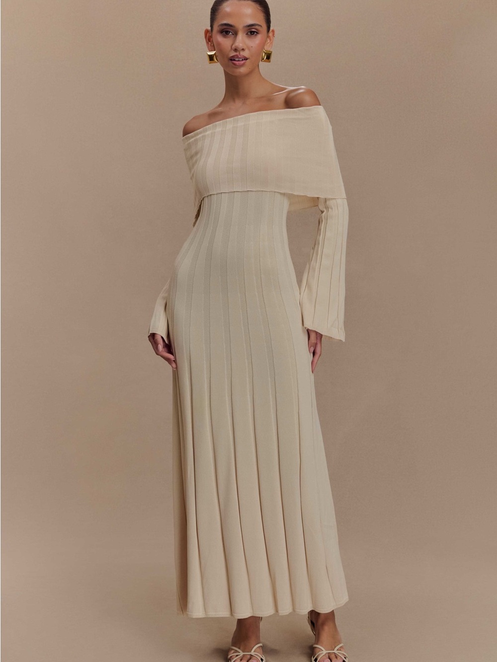 Meshki Alonza Long Sleeve Off the Shoulder Knit Midi Dress - Cream